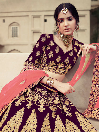 Odette Women Purple Semi Stitched Embroidered Lehenga With Unstitched Blouse