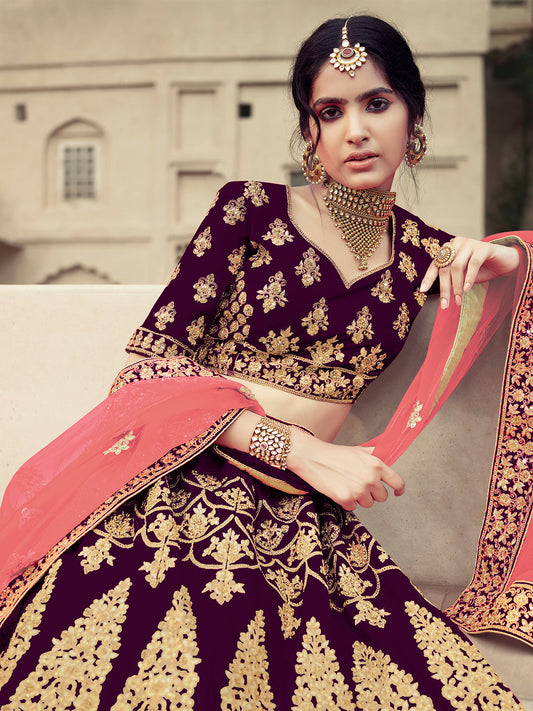 Odette Women Purple Semi Stitched Embroidered Lehenga With Unstitched Blouse
