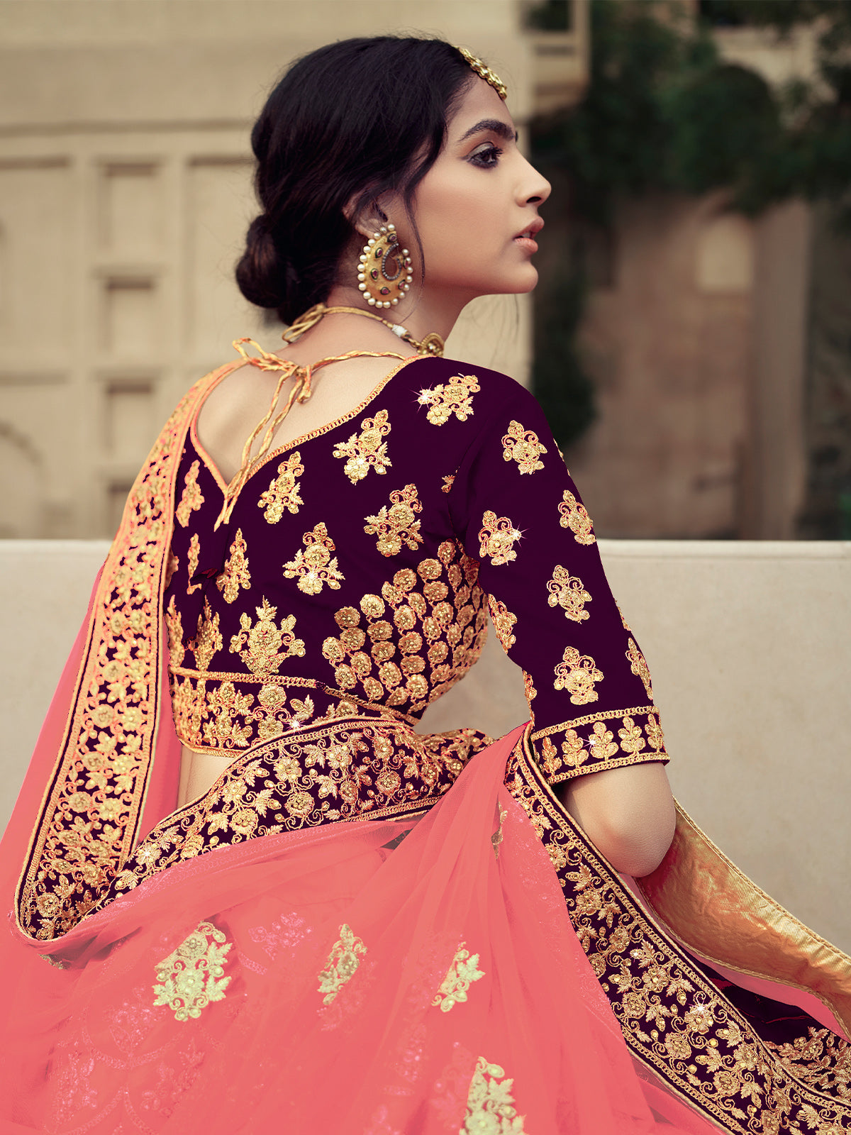 Odette Women Purple Semi Stitched Embroidered Lehenga With Unstitched Blouse