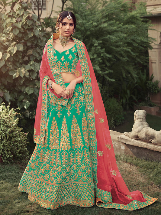 Odette Women Green Embroidered Semi Stitched Lehenga With Unstitched Blouse