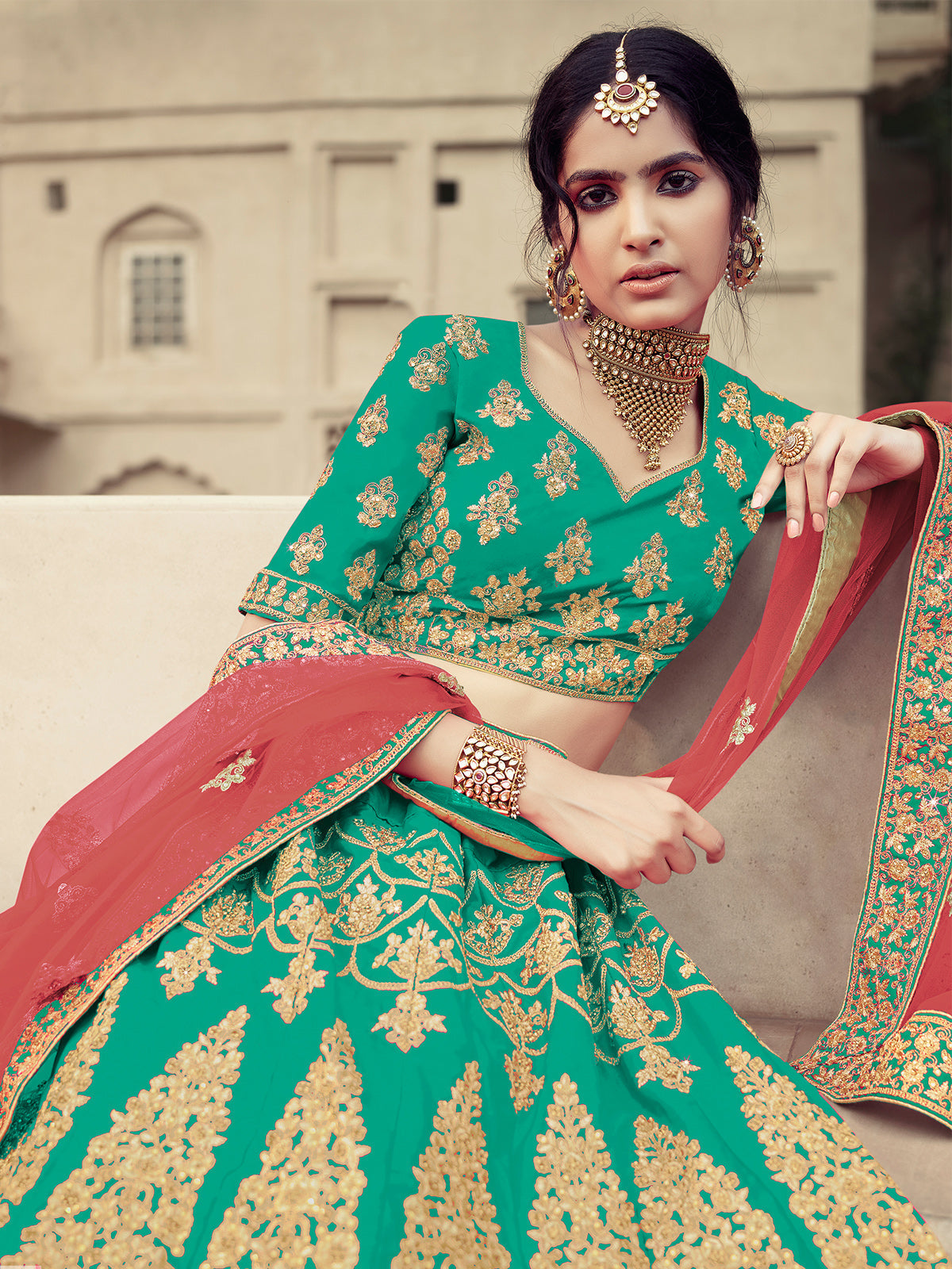Odette Women Green Embroidered Semi Stitched Lehenga With Unstitched Blouse