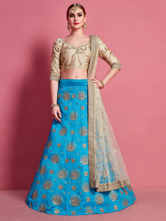 Odette Women Sky Blue Embroidered Semi Stitched Lehenga With Unstitched Blouse