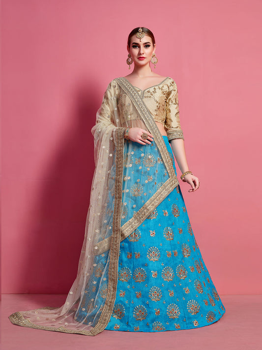 Odette Women Sky Blue Embroidered Semi Stitched Lehenga With Unstitched Blouse