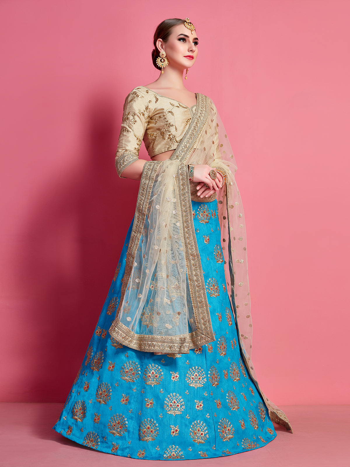 Odette Women Sky Blue Embroidered Semi Stitched Lehenga With Unstitched Blouse