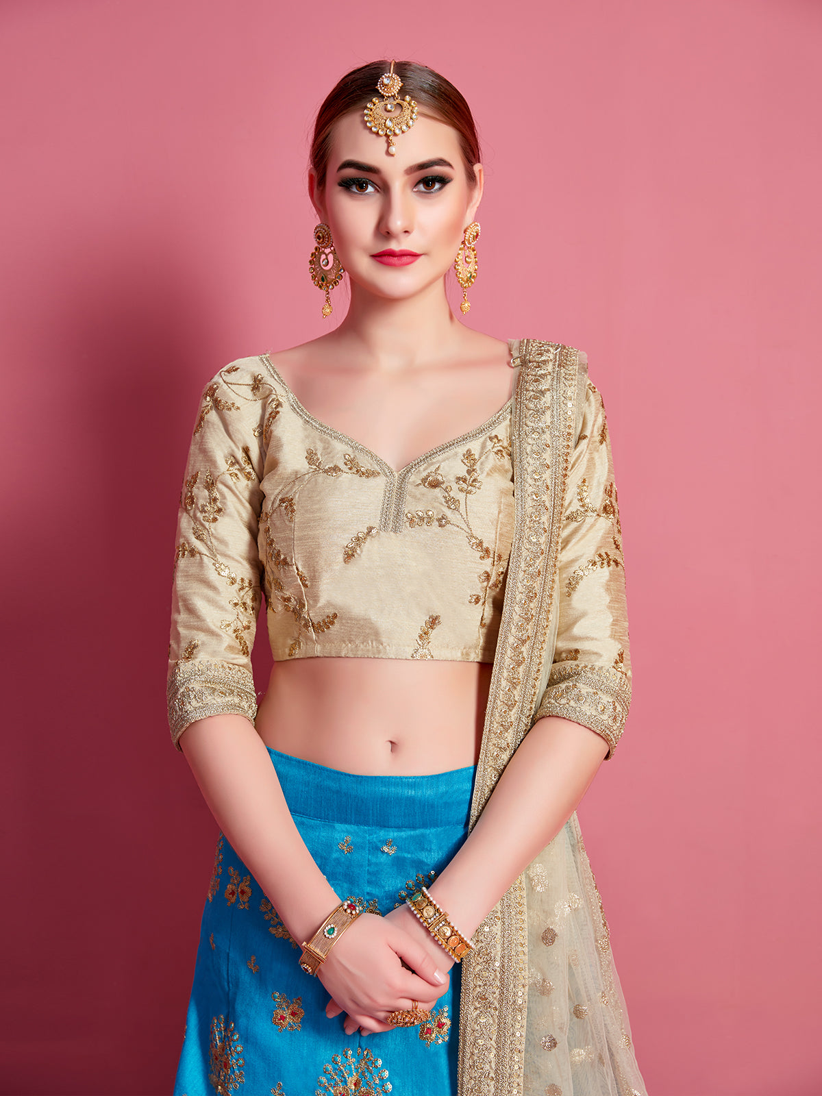 Odette Women Sky Blue Embroidered Semi Stitched Lehenga With Unstitched Blouse