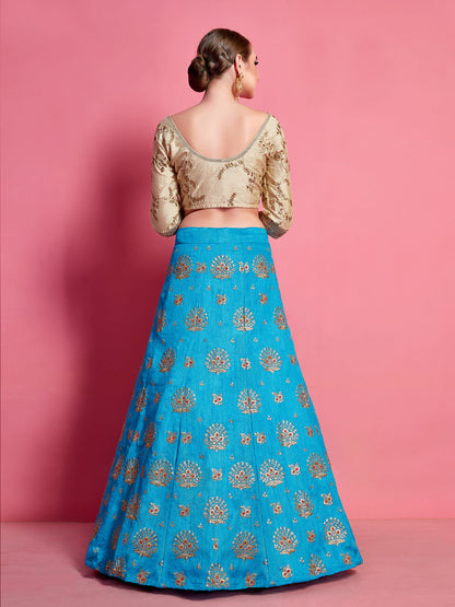 Odette Women Sky Blue Embroidered Semi Stitched Lehenga With Unstitched Blouse