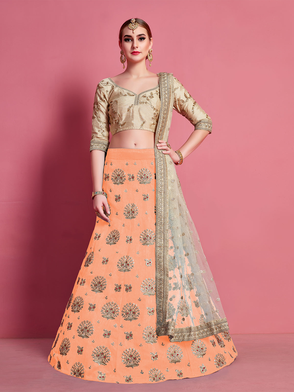 Odette Women Orange Embroidered Semi Stitched Lehenga With Unstitched Blouse