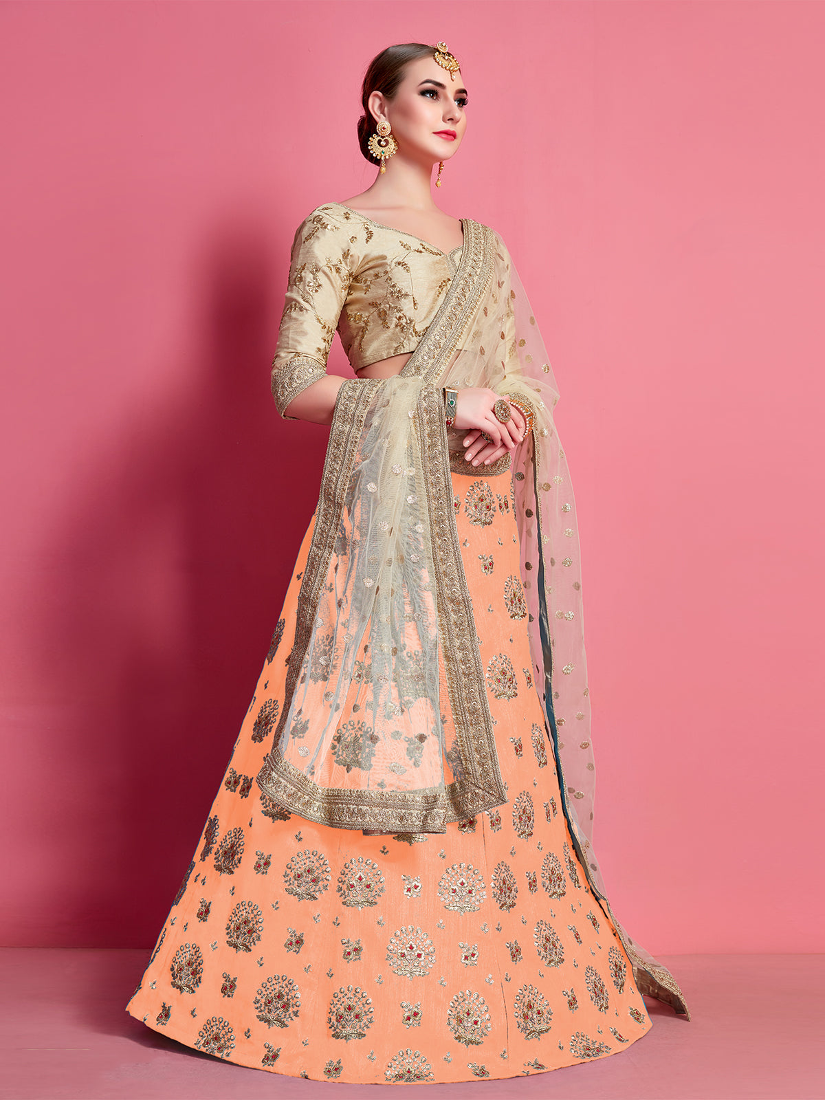 Odette Women Orange Embroidered Semi Stitched Lehenga With Unstitched Blouse