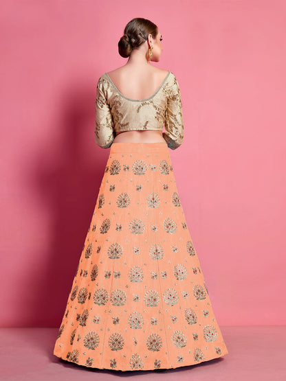 Odette Women Orange Embroidered Semi Stitched Lehenga With Unstitched Blouse