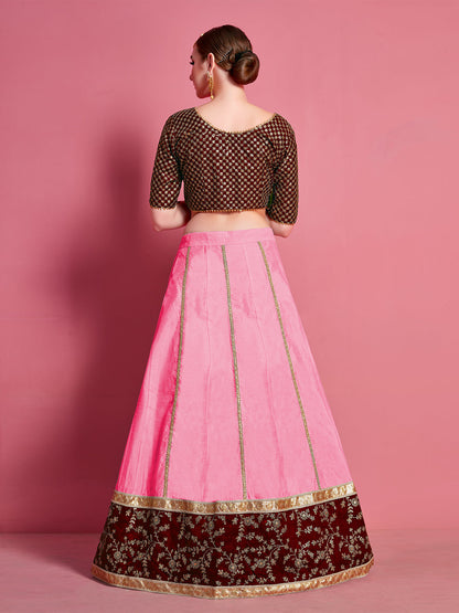Odette Women Pink Embroidered Semi Stitched Lehenga With Unstitched Blouse