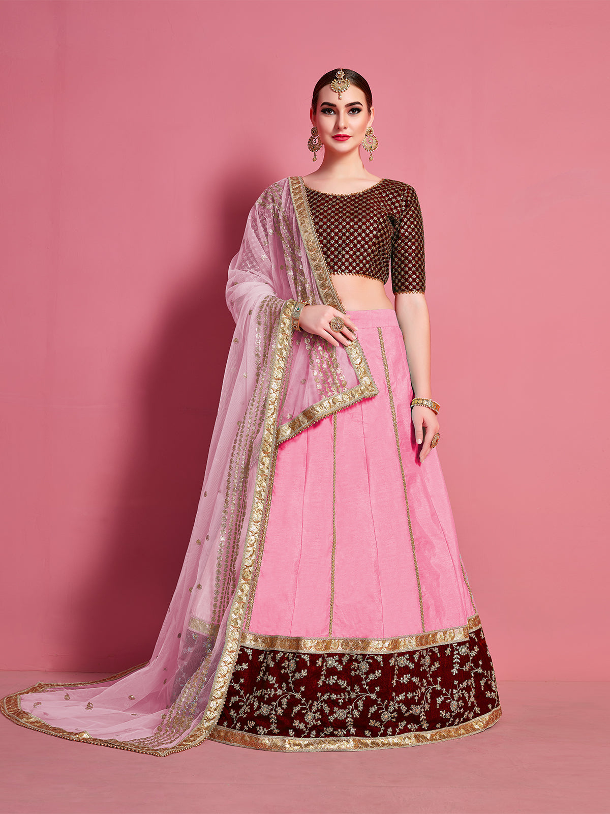 Odette Women Pink Embroidered Semi Stitched Lehenga With Unstitched Blouse