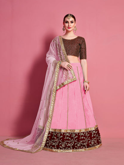 Odette Women Pink Embroidered Semi Stitched Lehenga With Unstitched Blouse