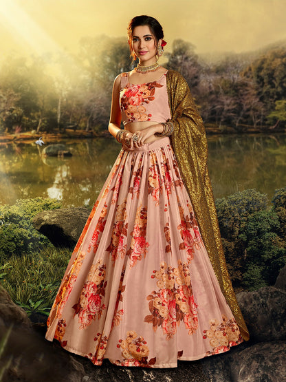 Odette Women Beautiful Peach Semi Stitched Lehenga With Unstitched Blouse