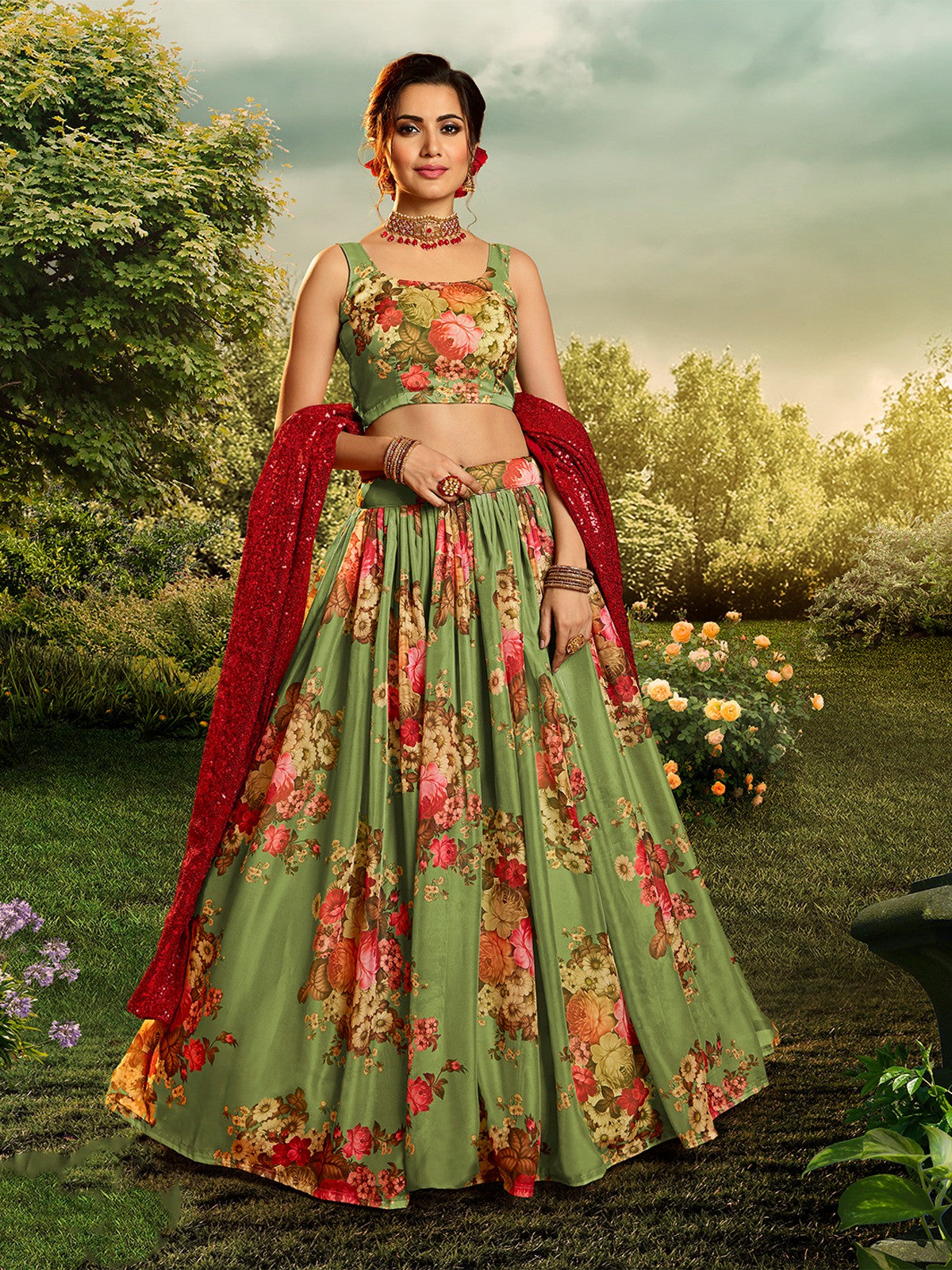 Odette Women Green Elegant Semi Stitched Lehenga With Unstitched Blouse