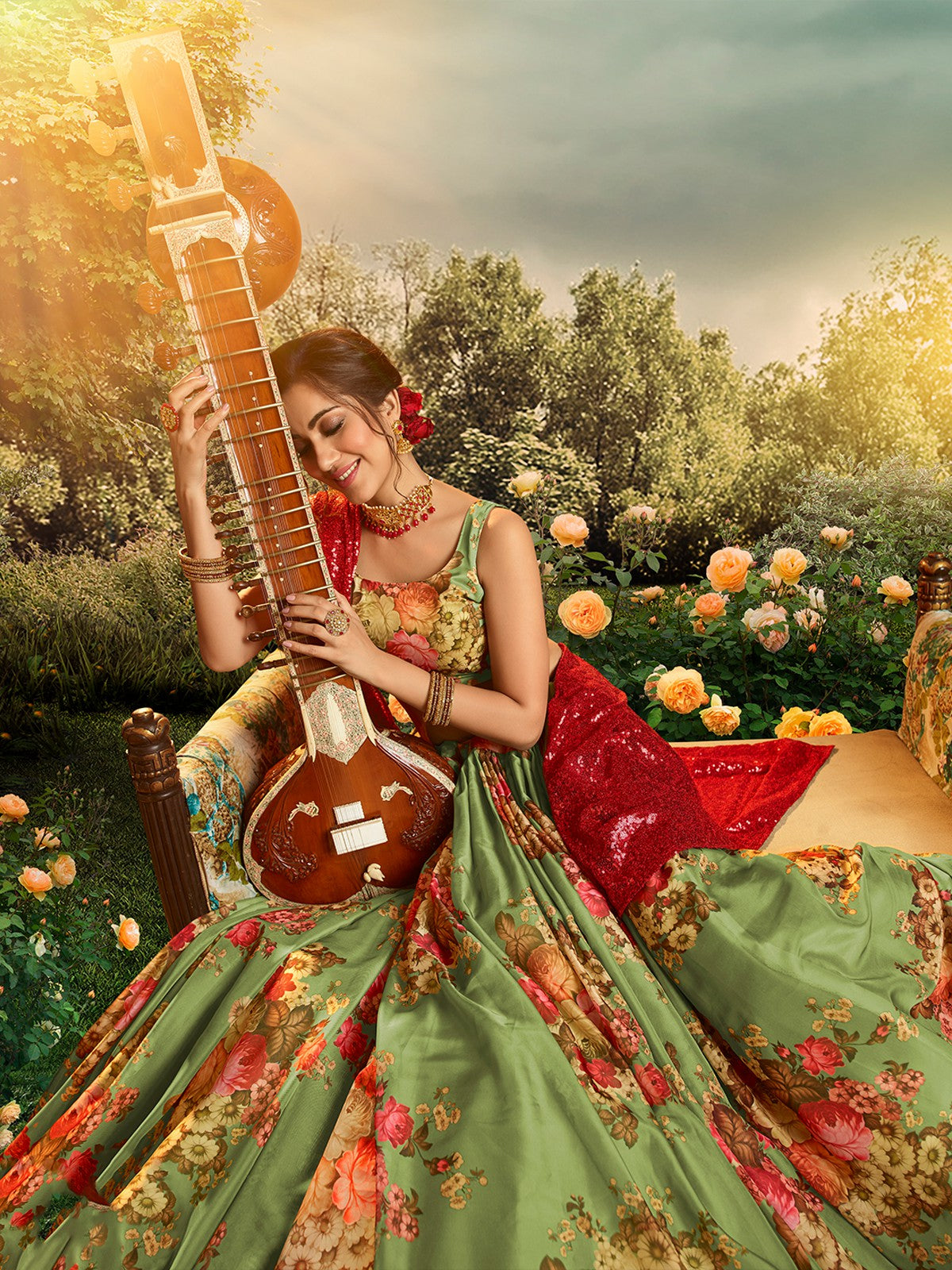 Odette Women Green Elegant Semi Stitched Lehenga With Unstitched Blouse