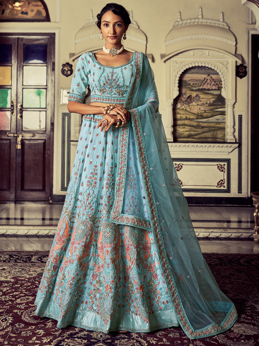 Odette Women Attractive Blue Georgette Embroidered Semi Stitched Lehenga With Unstitched Blouse