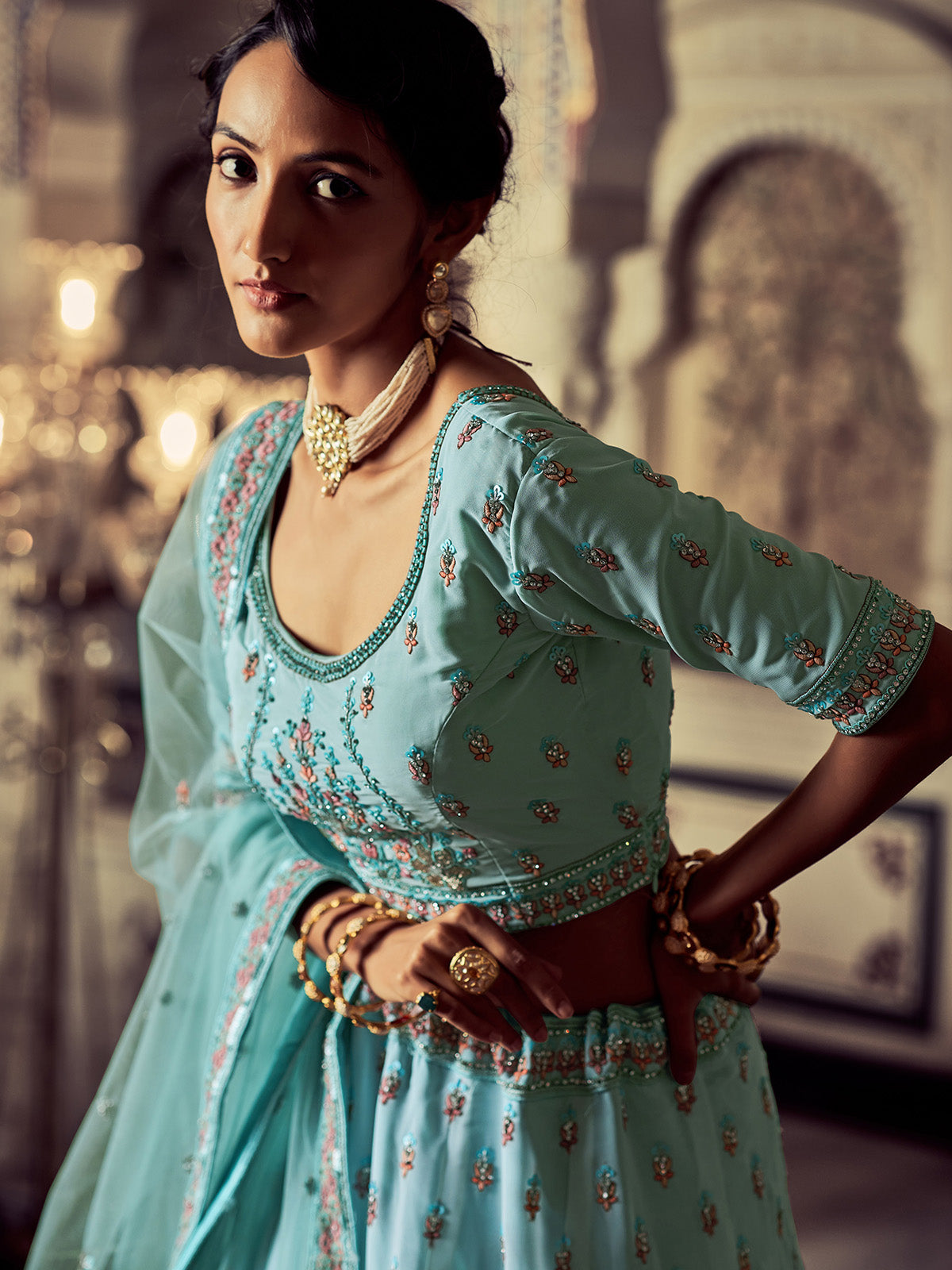 Odette Women Attractive Blue Georgette Embroidered Semi Stitched Lehenga With Unstitched Blouse