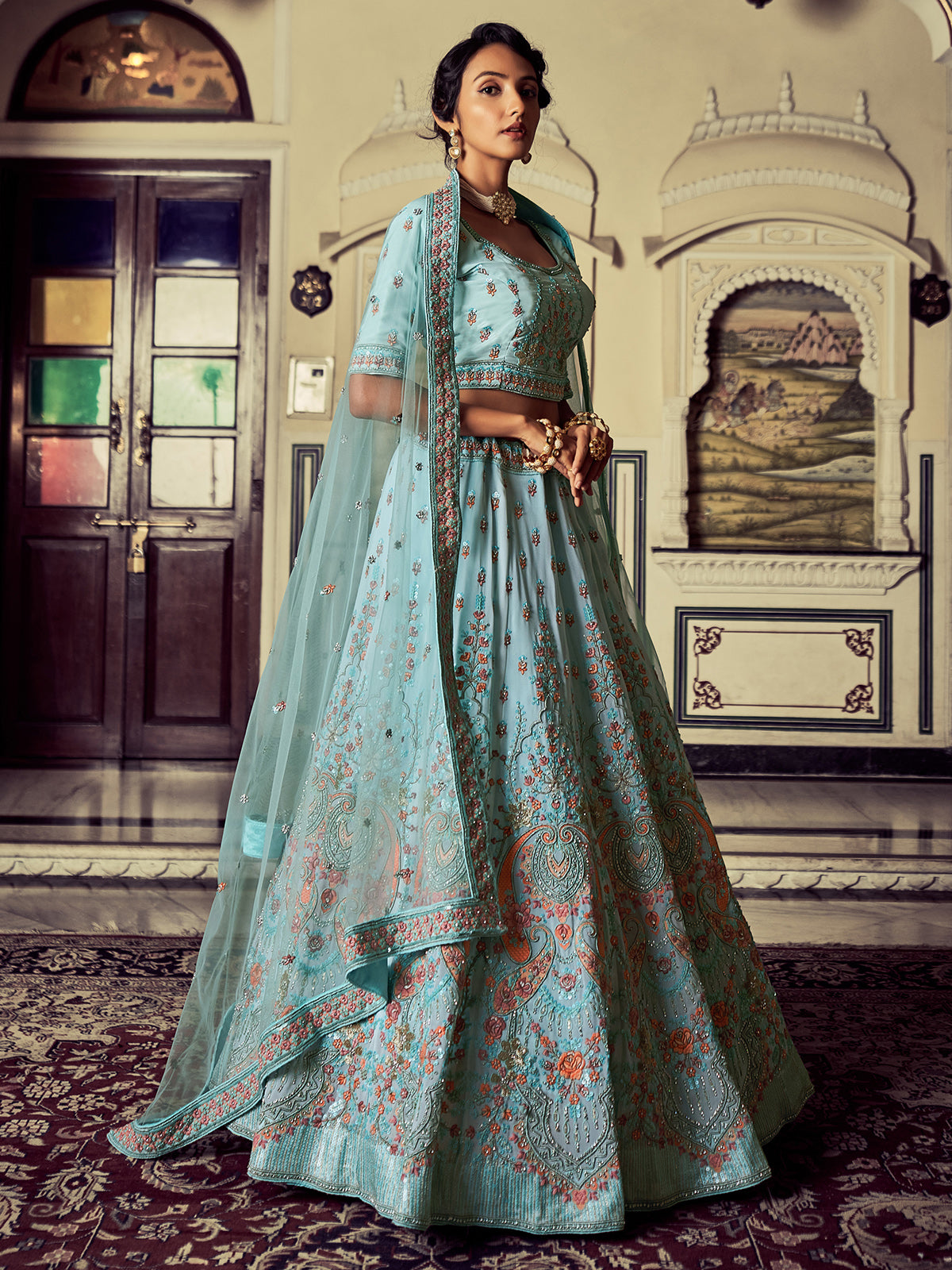 Odette Women Attractive Blue Georgette Embroidered Semi Stitched Lehenga With Unstitched Blouse