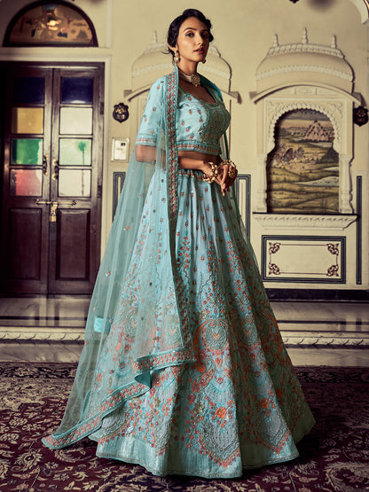 Odette Women Attractive Blue Georgette Embroidered Semi Stitched Lehenga With Unstitched Blouse
