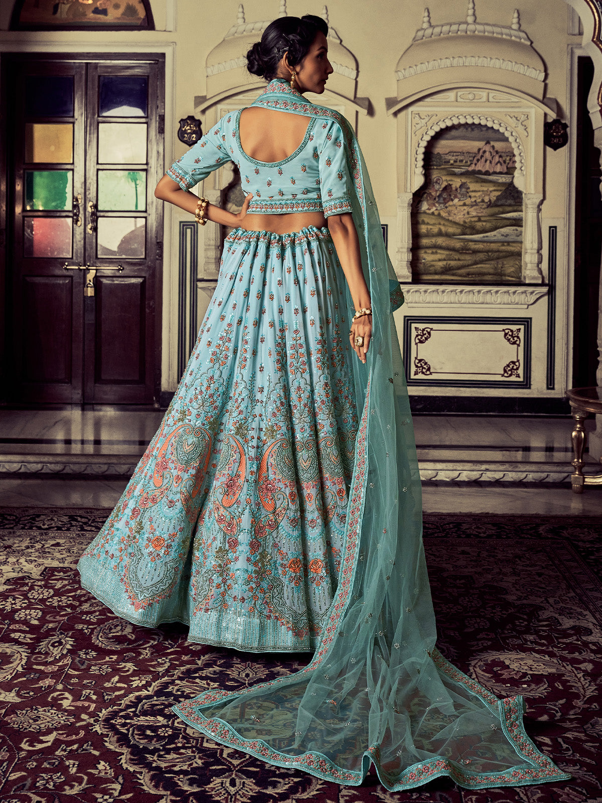 Odette Women Attractive Blue Georgette Embroidered Semi Stitched Lehenga With Unstitched Blouse