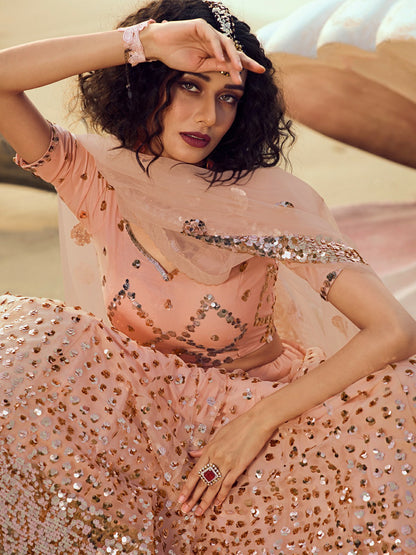 Odette Women Peach Classy Semi Stitched Lehenga With Unstitched Blouse