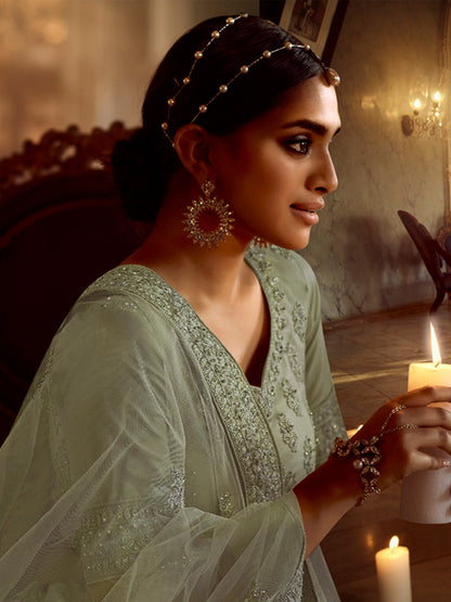 Odette Women Olive Embroidered Soft Net Semi Stitched Lehenga With Unstitched Blouse