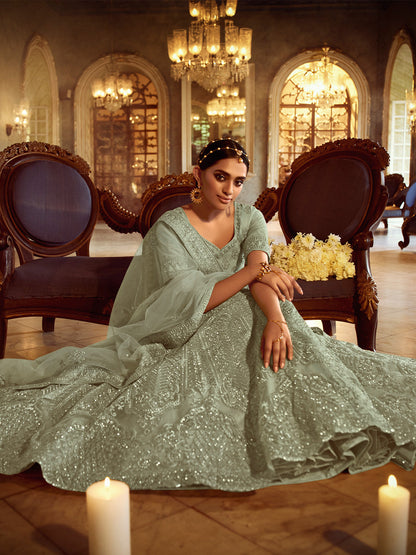 Odette Women Olive Embroidered Soft Net Semi Stitched Lehenga With Unstitched Blouse