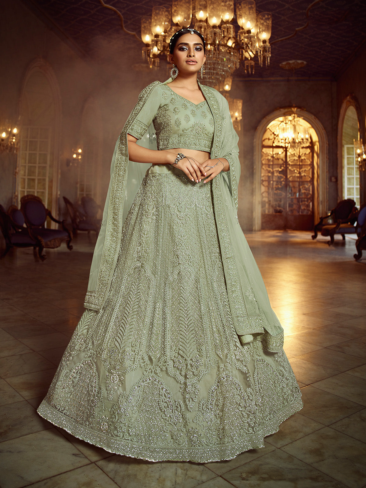 Odette Women Olive Embroidered Soft Net Semi Stitched Lehenga With Unstitched Blouse