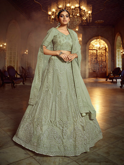 Odette Women Olive Embroidered Soft Net Semi Stitched Lehenga With Unstitched Blouse