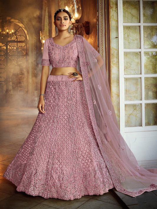Odette Women Pink Embroidered Soft Net Semi Stitched Lehenga With Unstitched Blouse