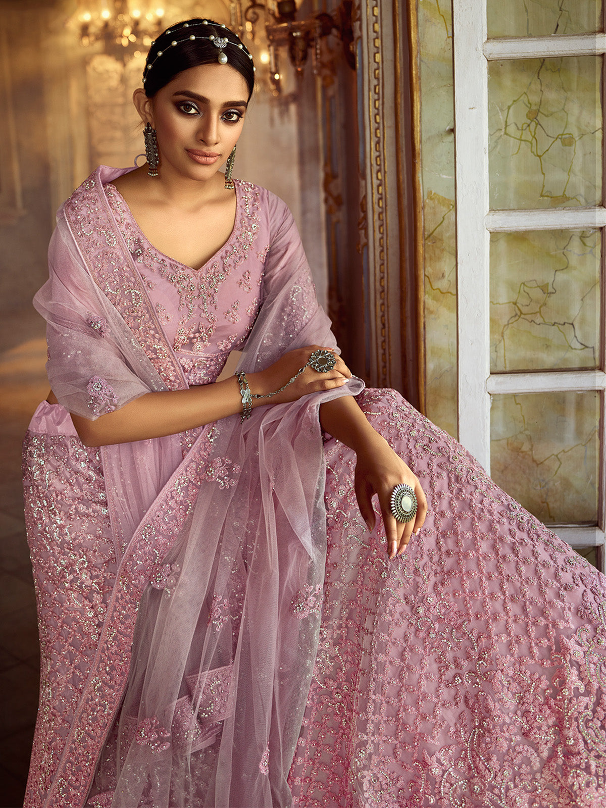 Odette Women Pink Embroidered Soft Net Semi Stitched Lehenga With Unstitched Blouse