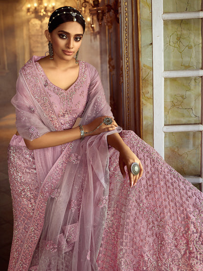 Odette Women Pink Embroidered Soft Net Semi Stitched Lehenga With Unstitched Blouse