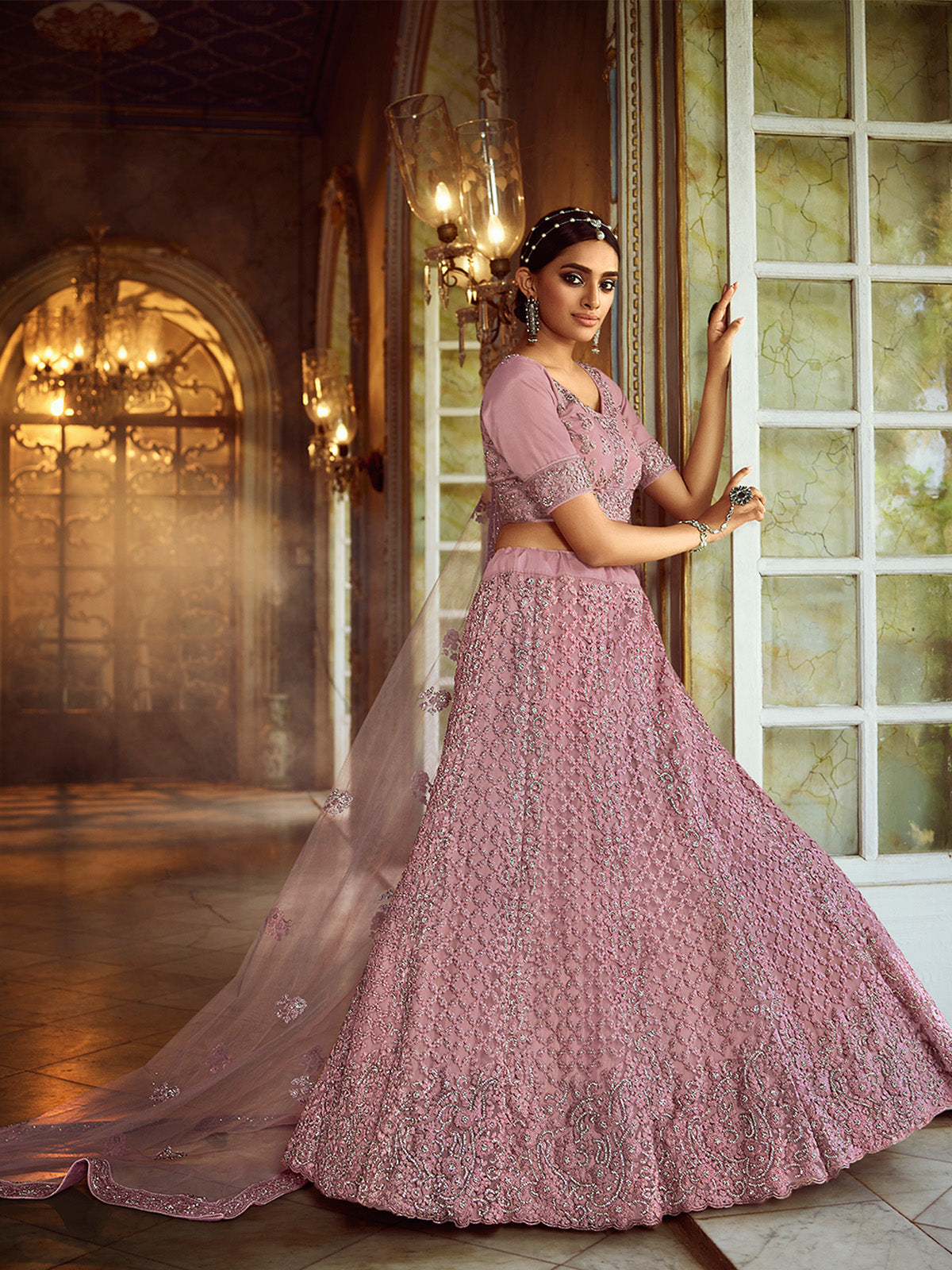 Odette Women Pink Embroidered Soft Net Semi Stitched Lehenga With Unstitched Blouse