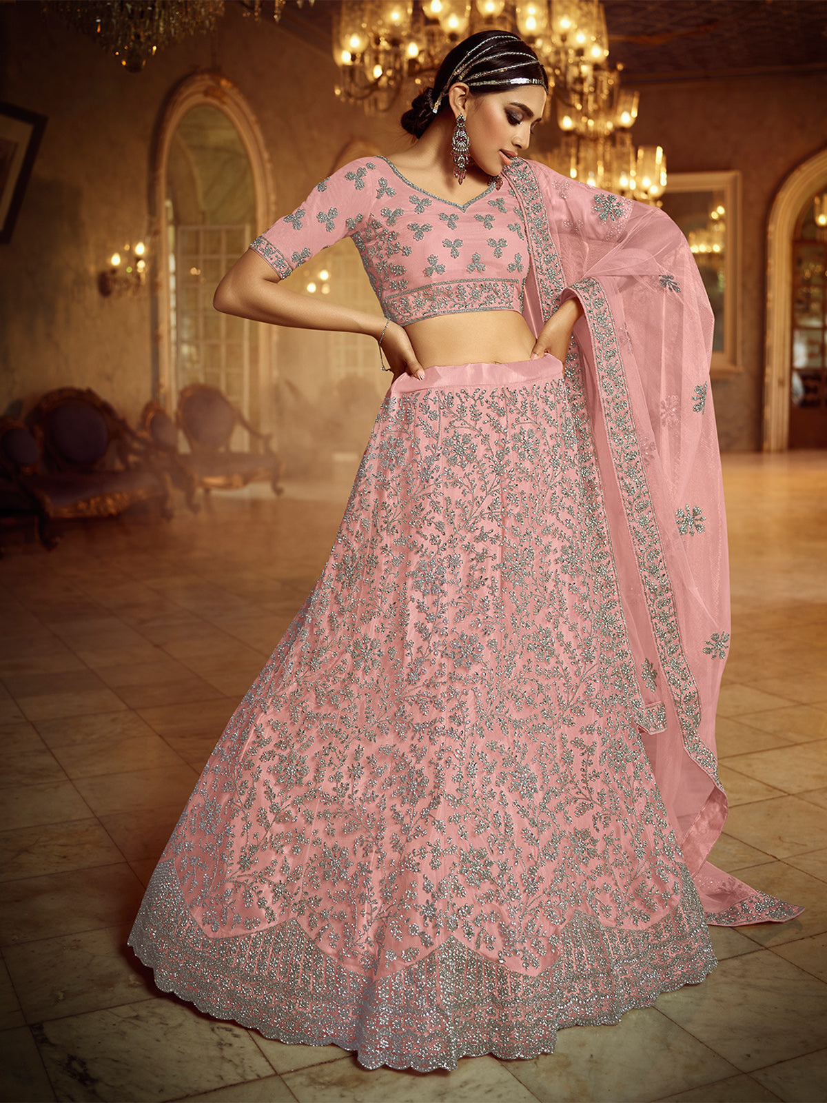 Odette Women Pink Embroiedered Semi Stitched Lehenga With Unstitched Blouse