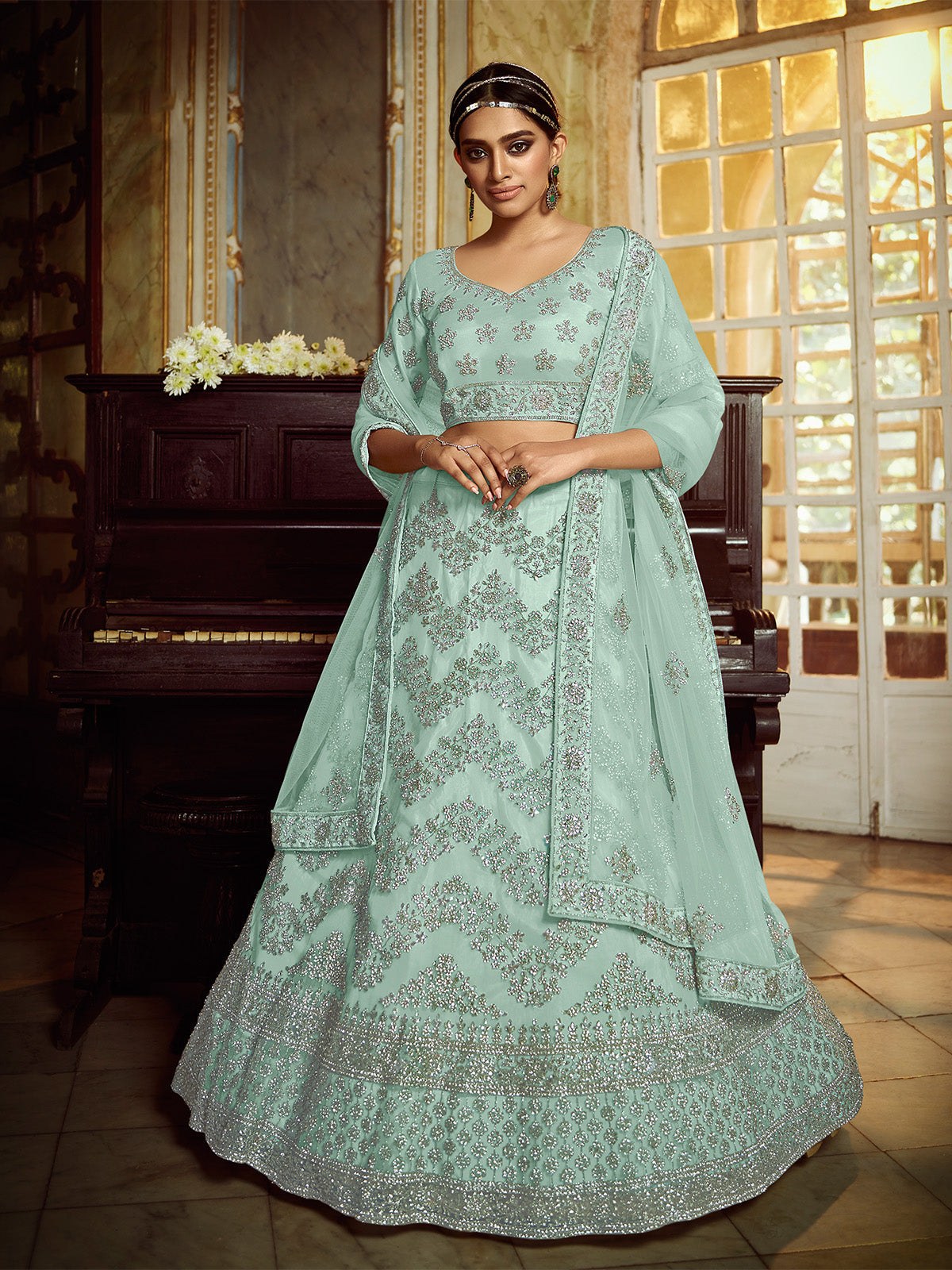 Odette Women Sea Green Soft Net Embroidered Semi Stitched Lehenga With Unstitched Blouse