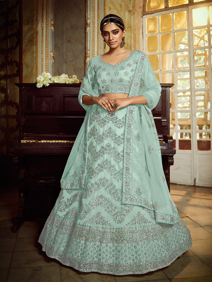 Odette Women Sea Green Soft Net Embroidered Semi Stitched Lehenga With Unstitched Blouse