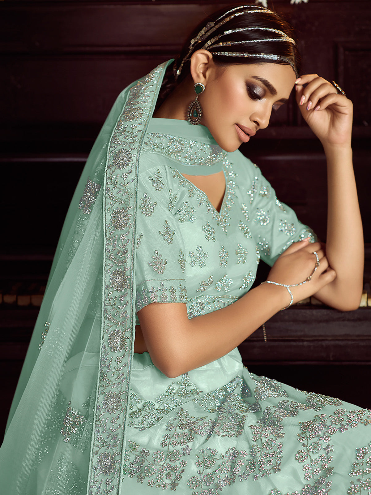 Odette Women Sea Green Soft Net Embroidered Semi Stitched Lehenga With Unstitched Blouse