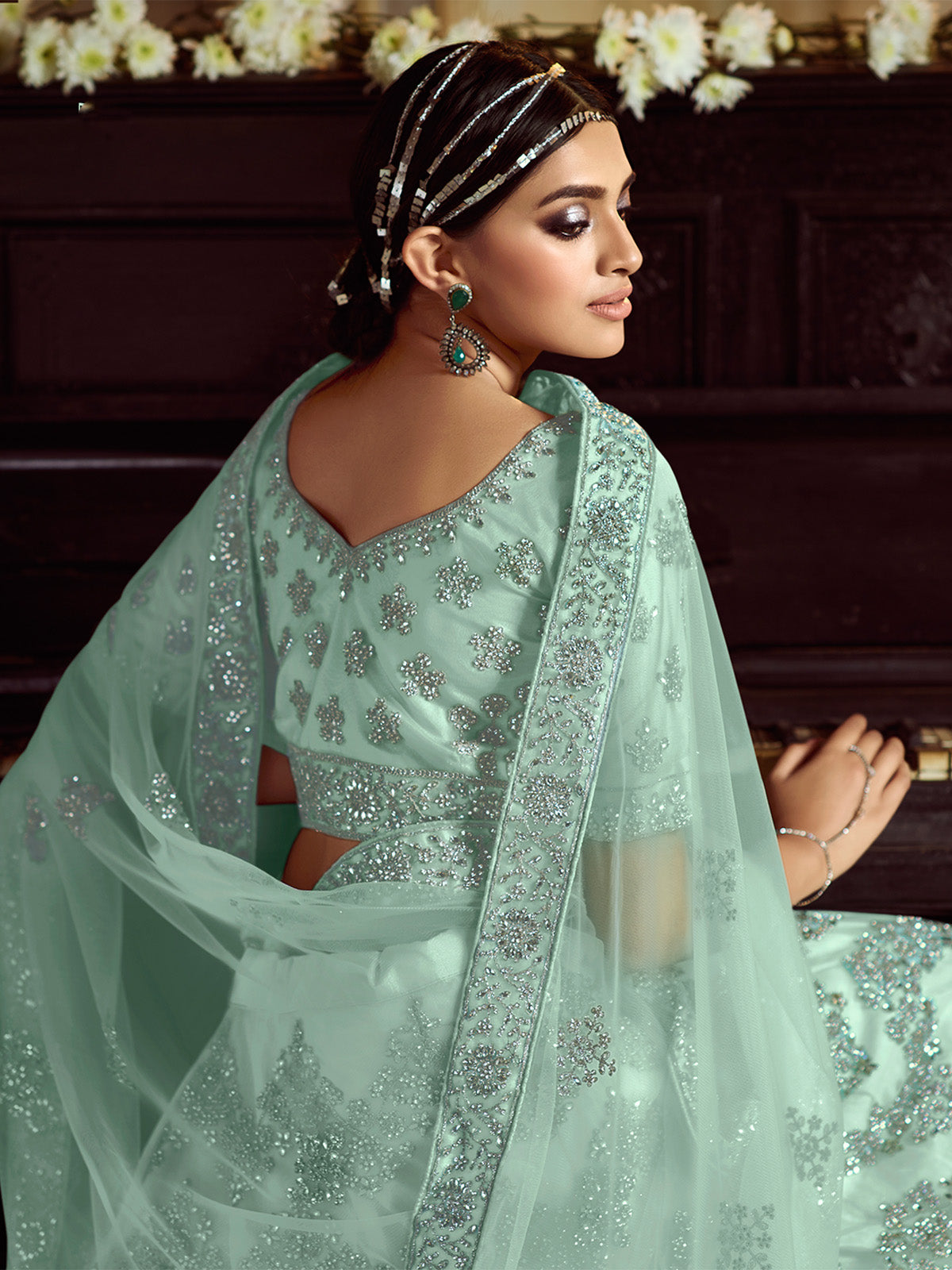 Odette Women Sea Green Soft Net Embroidered Semi Stitched Lehenga With Unstitched Blouse