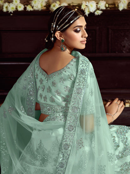 Odette Women Sea Green Soft Net Embroidered Semi Stitched Lehenga With Unstitched Blouse