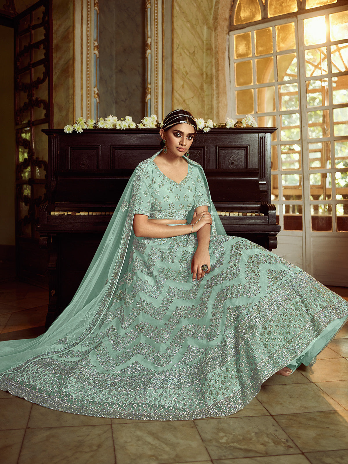 Odette Women Sea Green Soft Net Embroidered Semi Stitched Lehenga With Unstitched Blouse