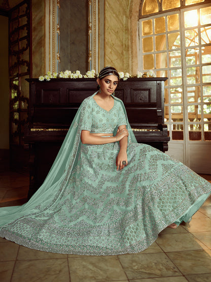 Odette Women Sea Green Soft Net Embroidered Semi Stitched Lehenga With Unstitched Blouse