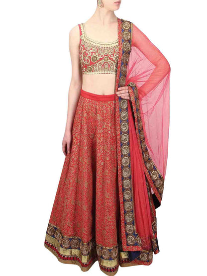 Odette Women Red Embroidered Art Silk Semi Stitched Lehenga With Unstitched Blouse