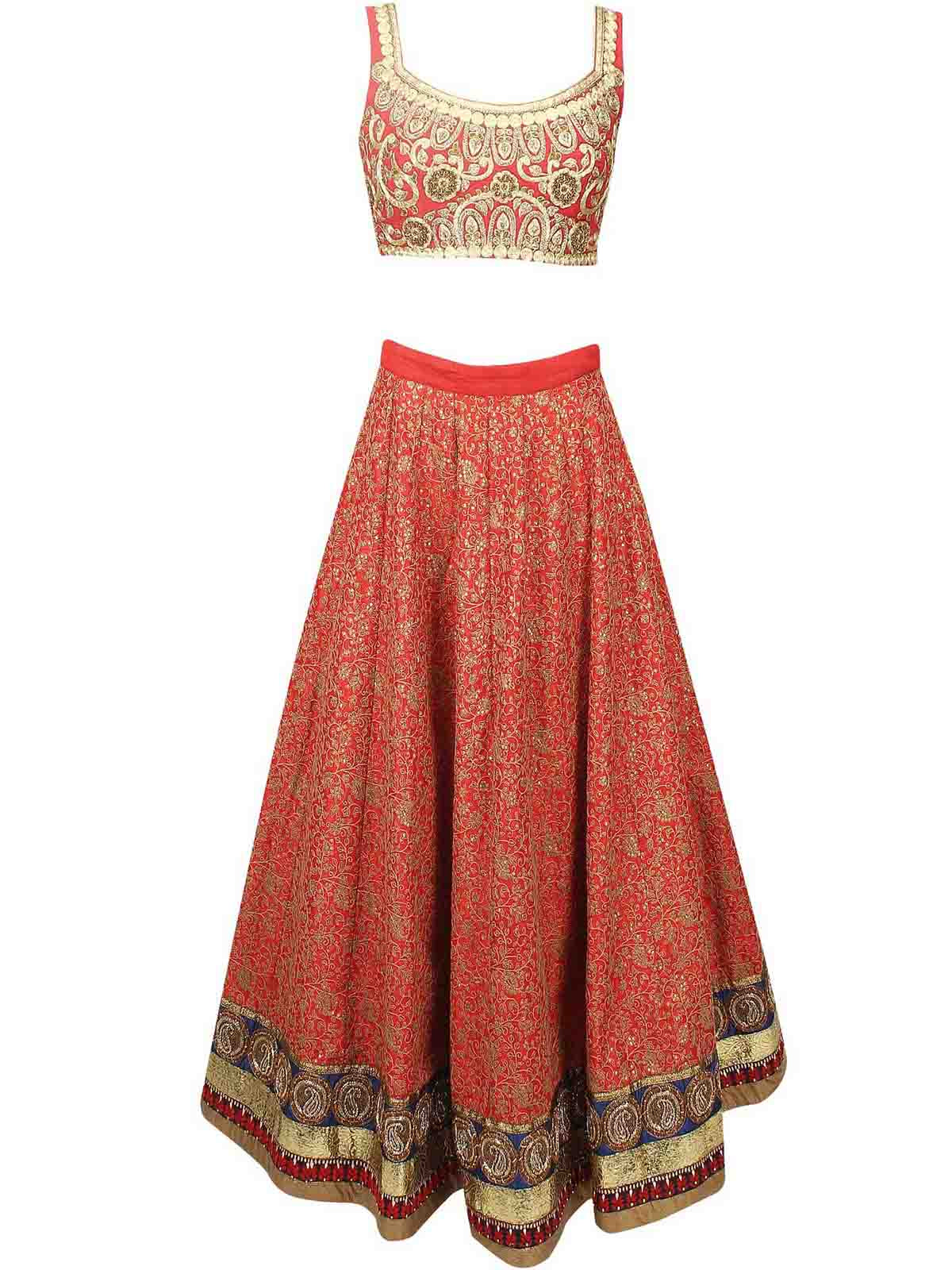 Odette Women Red Embroidered Art Silk Semi Stitched Lehenga With Unstitched Blouse