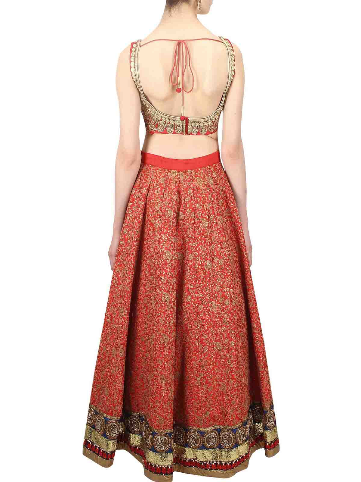 Odette Women Red Embroidered Art Silk Semi Stitched Lehenga With Unstitched Blouse
