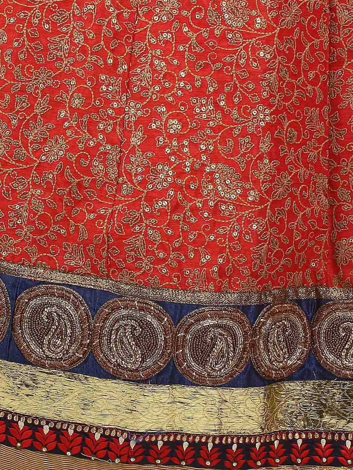 Odette Women Red Embroidered Art Silk Semi Stitched Lehenga With Unstitched Blouse