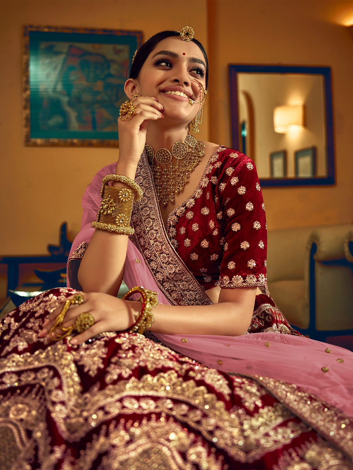 Odette Women Maroon Velvet Semi Stitched Lehenga With  Unstitched Blouse