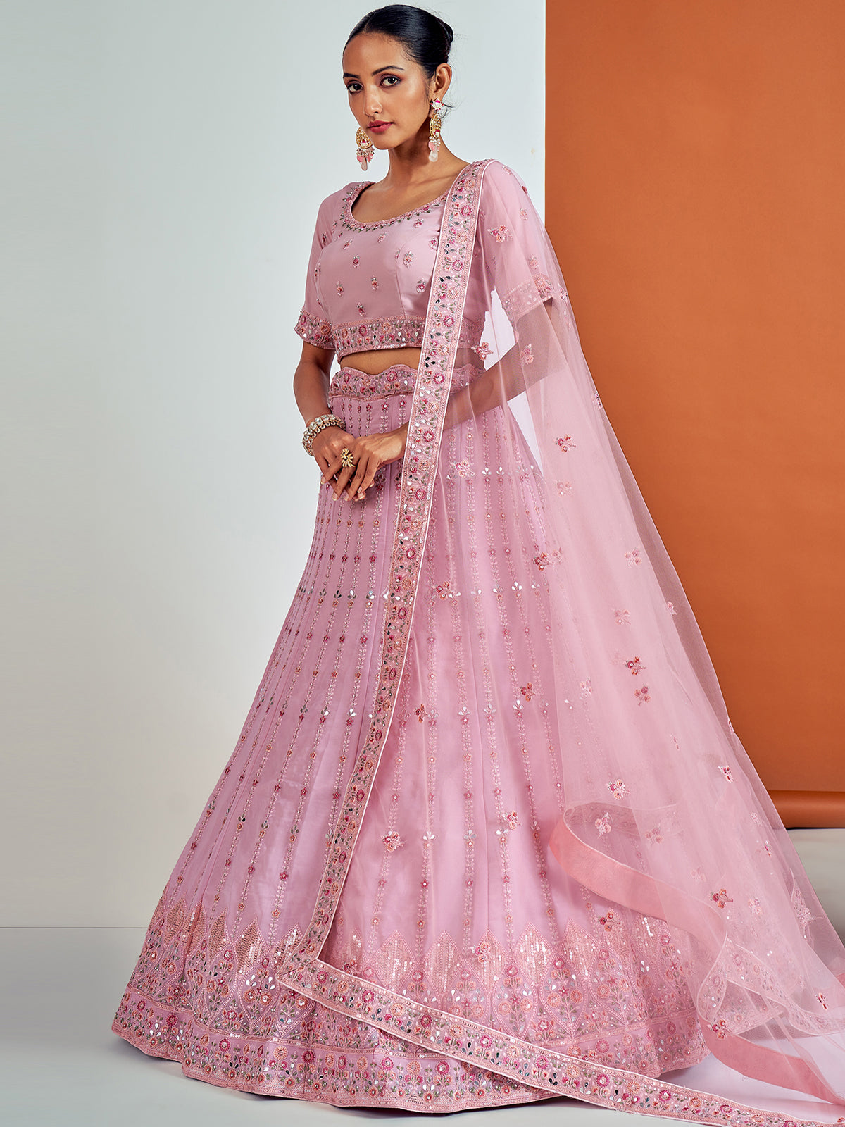 Odette Women Beautiful Pink Georgette Semi Stitched Lehenga With Unstitched Blouse