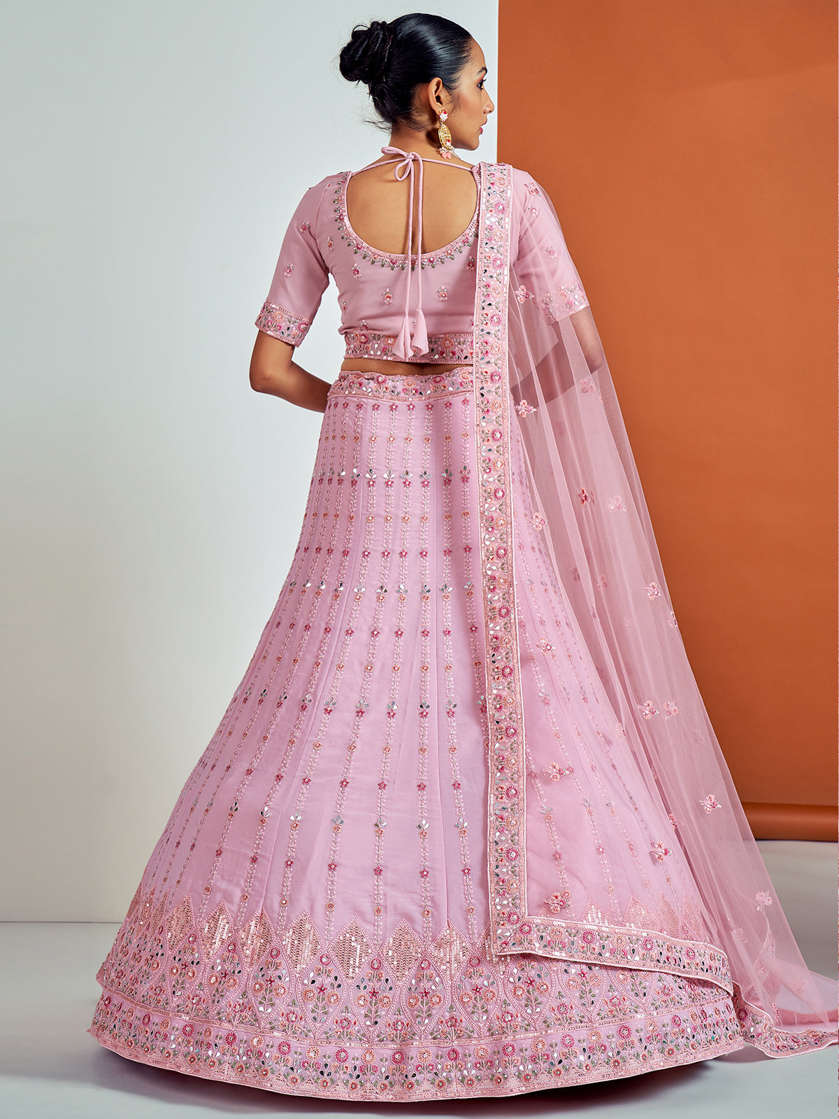 Odette Women Beautiful Pink Georgette Semi Stitched Lehenga With Unstitched Blouse