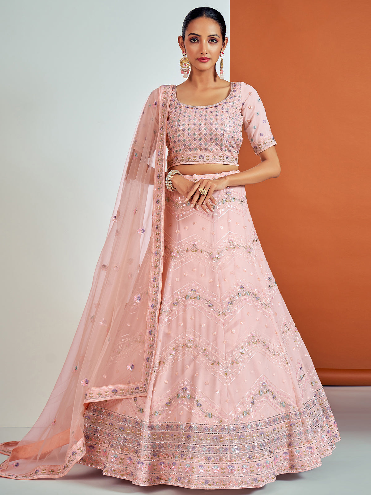 Odette Women Stunning Pink Georgette Semi Stitched Lehenga With Unstitched Blouse