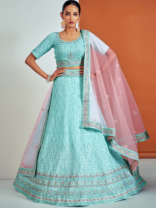 Odette Women Classic Blue Georgette Semi Stitched Lehenga With Unstitched Blouse